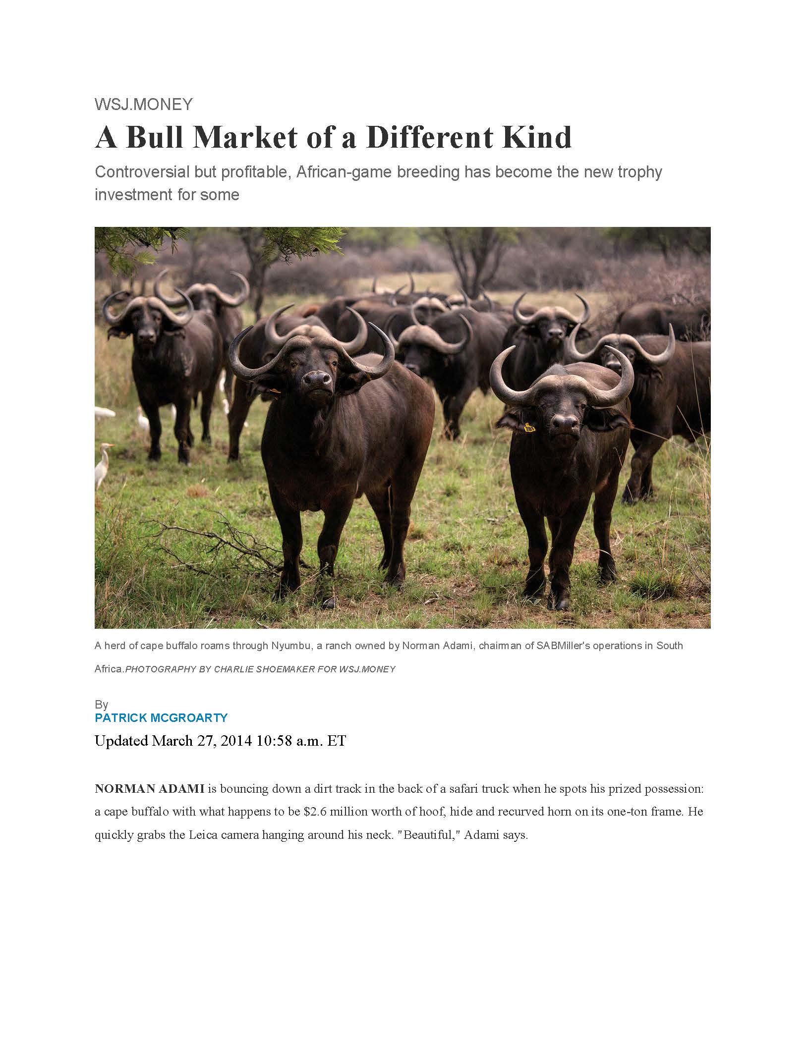 WSJ Article 2014 Cover Image WildLife Partners, LLC